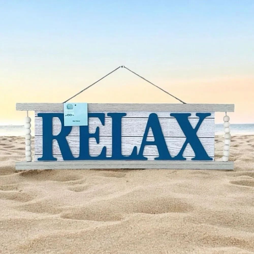 NWT Gorgeous Blue Grey White Tan RELAX Beads Accent Inspirational Wall Decor